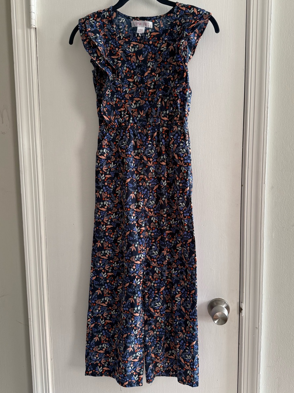 Girls Pretty Navy Floral Jumpsuit with Flutter Sleeves Size 10